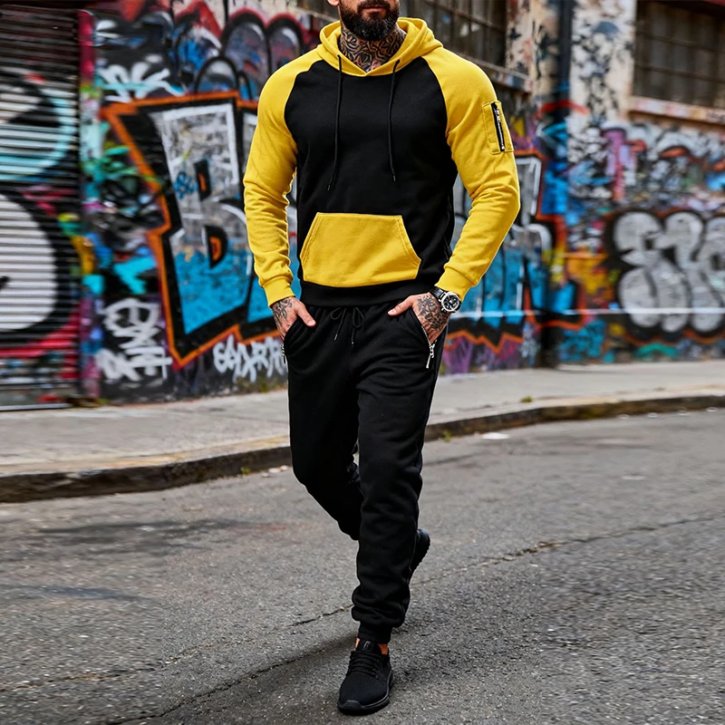 

American High Street Men's Sets Patchwork Long-sleeved Hooded Sweatshirt+Sweatpants 2-piece Suit Autumn Loose Sportswear S-3XL