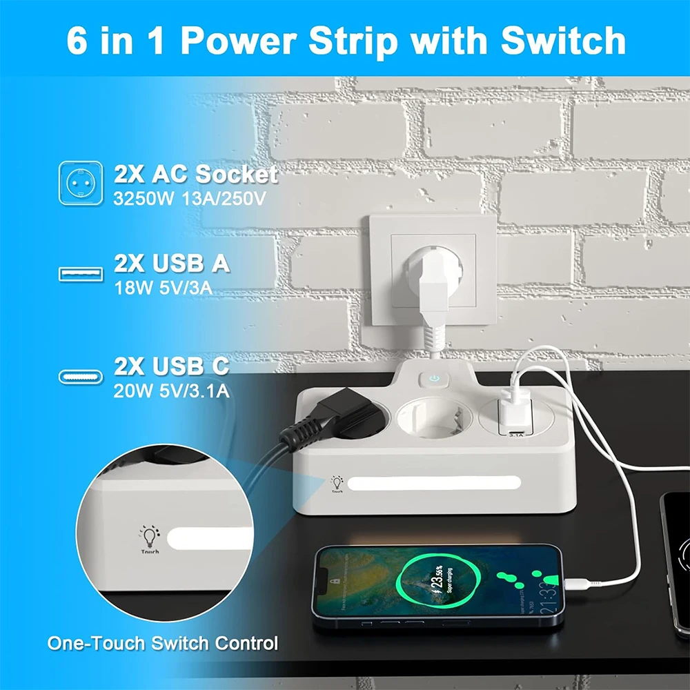 EU Plug Power Strip with USB Multiple Socket 2 Way 2USB 2Type-C Wall Socket Adapter With LED Multiple Plug for Office Home Trave