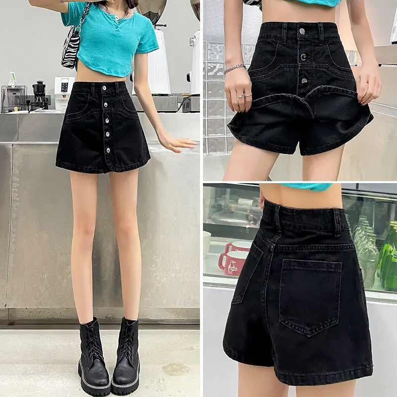 Denim Shorts Female Summer New Style High Waisted Slim Joker A-line Wide-leg Short Pants Women's Fake Two-piece Jean Culottes