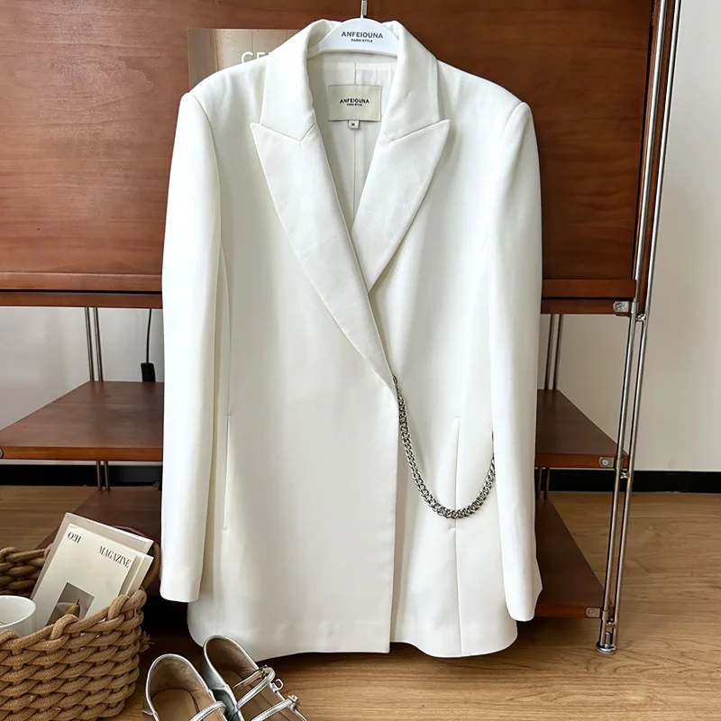 High Quality Elastic Slim Slimming Casual Suit Coat White Black Metal Chain Dark Button Long Sleeve Fashion Suit Jacket Female