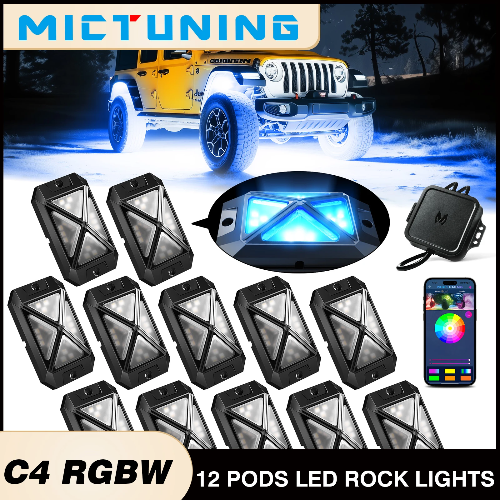 

Светодиодные рок-фонари MICTUNING C4 RGBW, комплект освещения с неоновым акцентом на 12 стручков, интеллектуальное управление через приложение с синхронизацией музыки для автомобиля по бездорожью