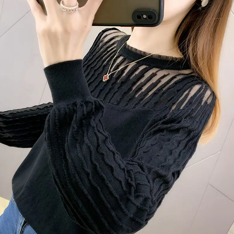 O-Neck Knitting Splicing Hollow Out Design Casual Sweaters Pullovers for Women 2022 New Korean Fashion Women\'s Clothing Chic Top