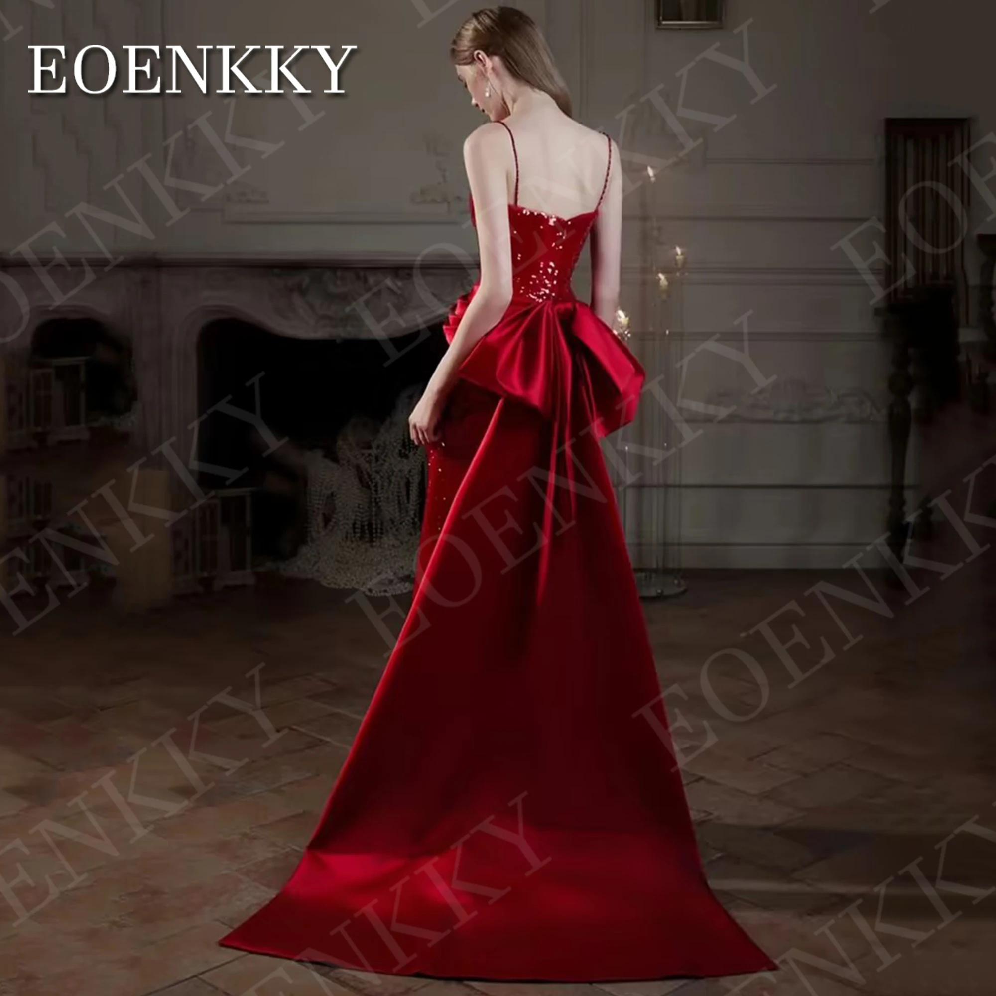 EOENKKY Luxury Mermaid Slim Evening Dresses فساتين سهرة Detachable Train Sexy Sequin Spaghetti Straps Prom Gowns Red Customized