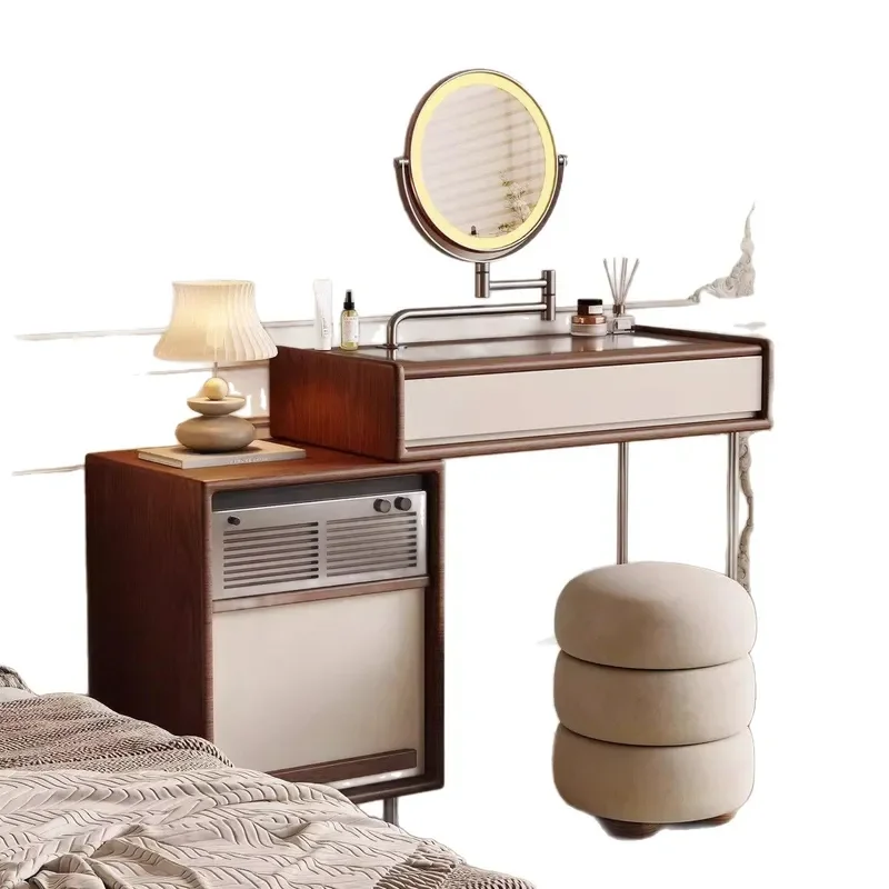 Retro Solid Wood Dresser Chest Small Apartment Bedroom Makeup Vanity Table Integrated Storage Cabinet Radio Console Furniture