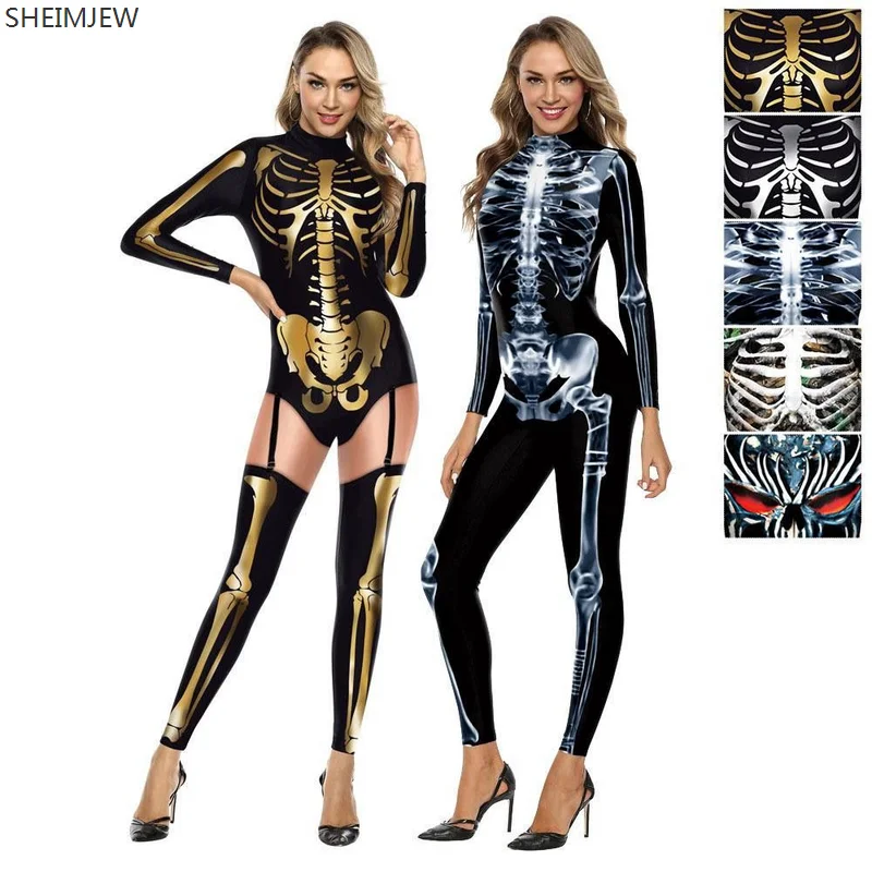 Schedel Skelet Print Jumpsuit Purim Carnaval Cosplay Zentai Pak Mode Bodysuit Grappige Vrouwen Sexy Catsuit Vrouwelijke Rave Outfits