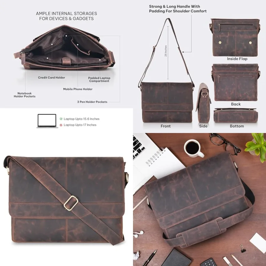 VALENCHI 15" Full Grain Leather Laptop Messenger Bag For Men and Women - Padded 15.3" Laptop Compartment, Ample Storage and Poc