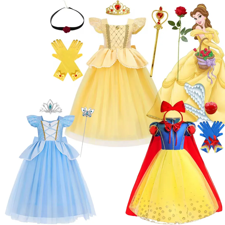 Disney Belle Princess Dress Girls Cosplay Beauty and The Beast Cinderella Snow White Costumes Kids Halloween Carnival Clothes