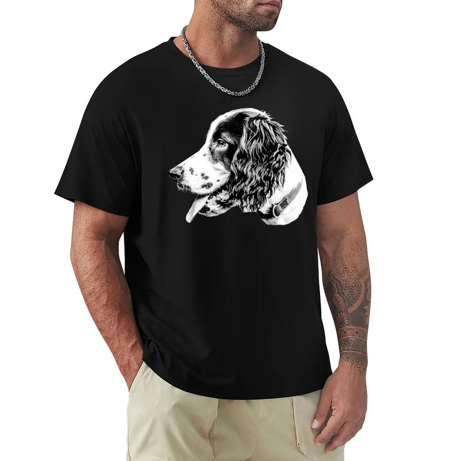 Black and White Spaniel puppy T-Shirt Summer Holiday Casual Tee