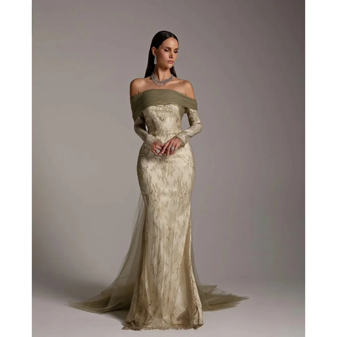 

Lace Long Sleeves Bespoke Occasion Gown Long Evening Dresses Pastrol Unisex Jersey Retro Dubai Saudi Arabic Prom Customized