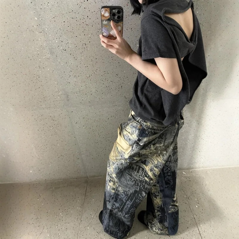 

Retro Eclectic Full Length Grunge Street Jean Women's Hip-hop Goth Dark Damage Mop Pants Emo Casual Y2K 3D Denim Trouser