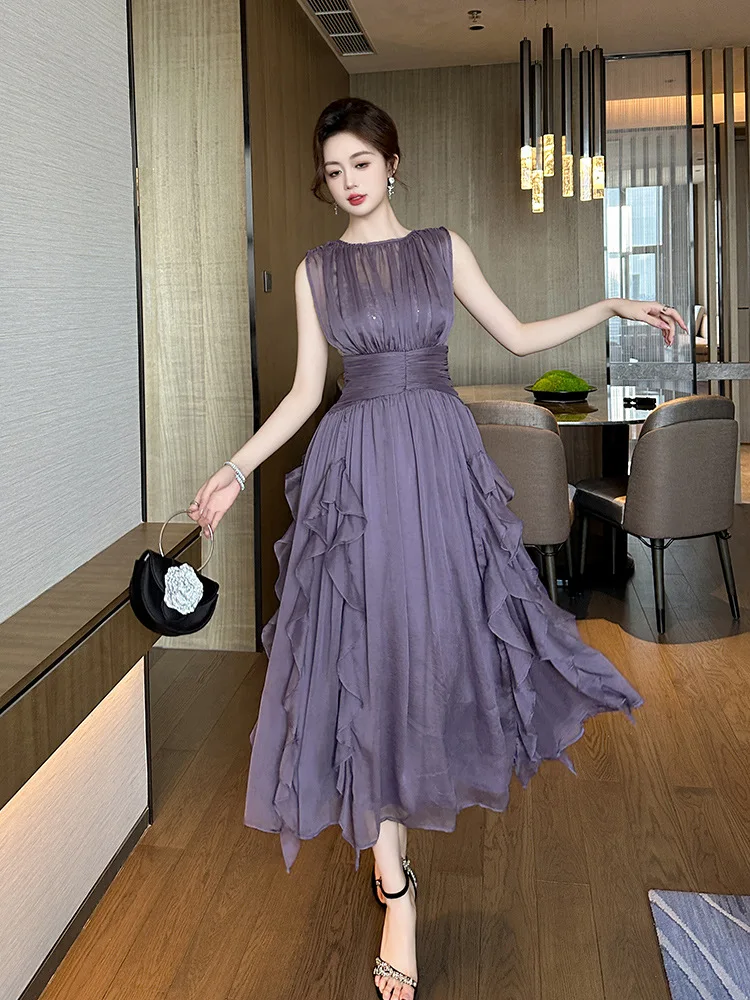 A-Leibniz - Summer, New, Women\'s Clothing Design, Pleats, Waist-slimming, Slimming, Ruffles, Purple, Chiffon Dress