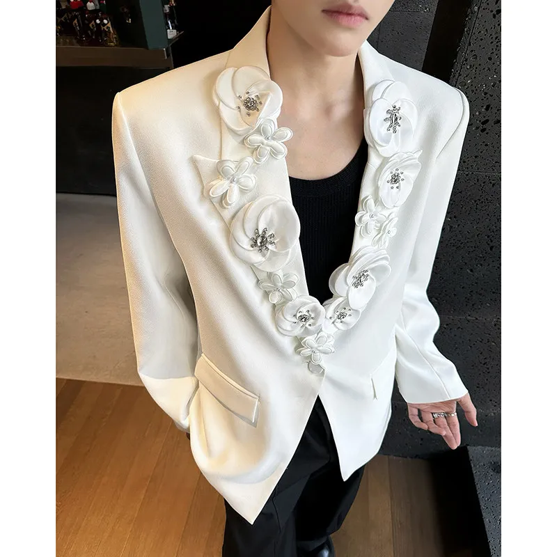 

Корейский элегантный мужской костюм-пиджак белого цвета с 3D-цветочным дизайном, в стиле кэжуал, из полиэстера, с длинными рукавами