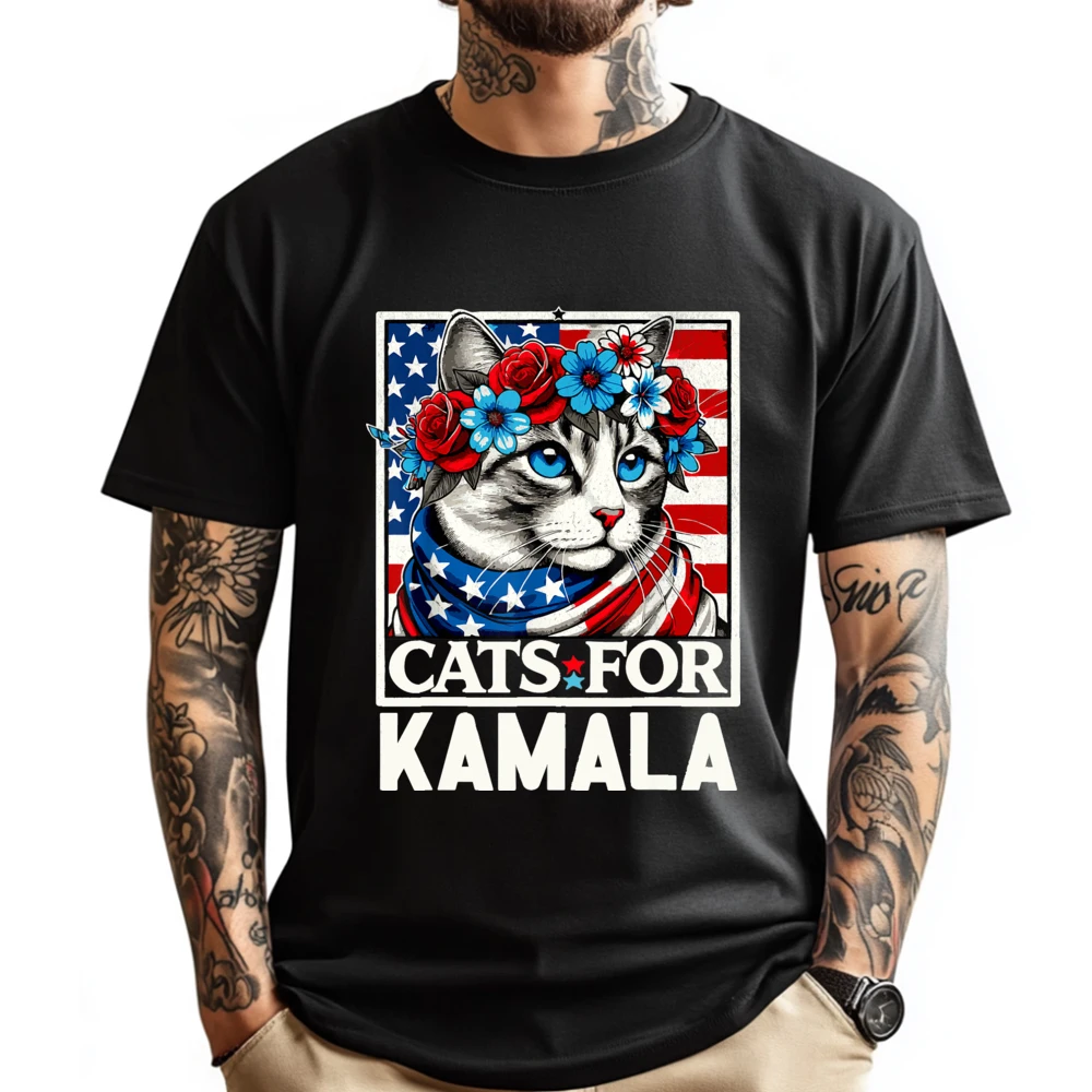 

Cat Ladies for Kamala Funny Cat 2025 President KamalaHarris Blank T Shirt 100℅ Cotton Spring Camisetas Big Size