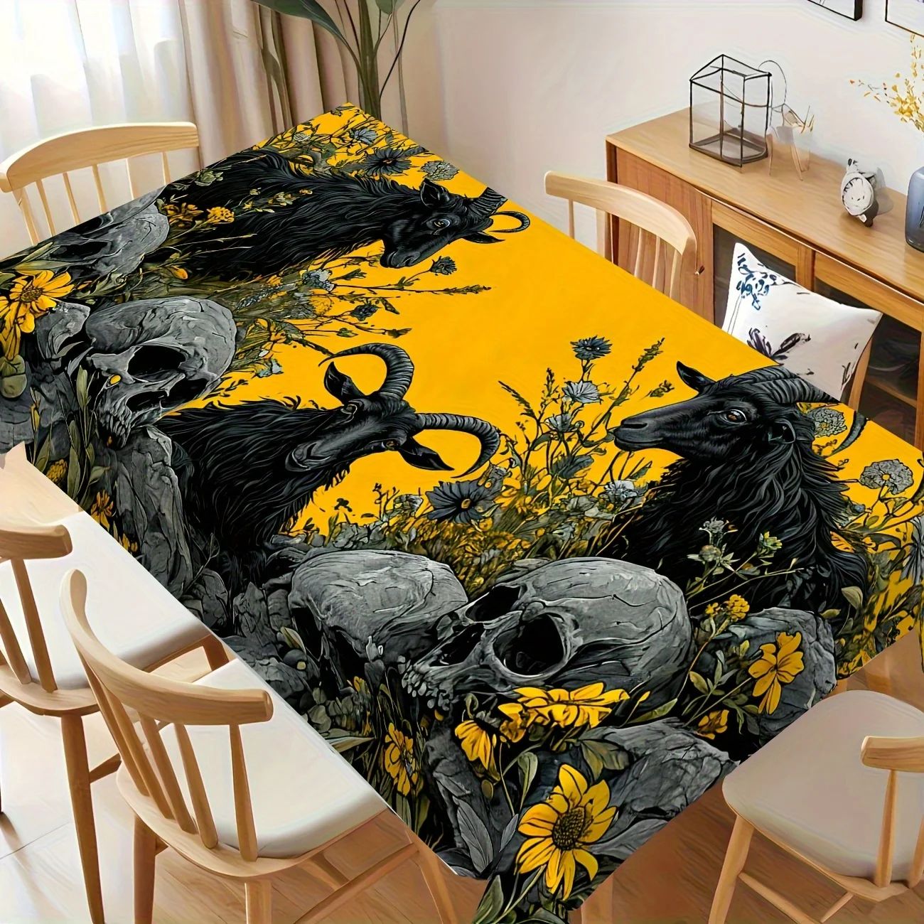 One Gothic-style black skull and crow tablecloth - Halloween horror-themed rectangular polyester table cover.PMJ