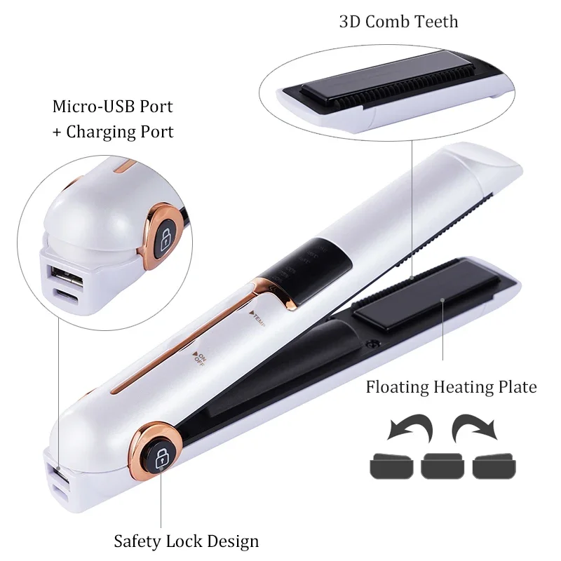 Portable USB Rechargeable Hair Straightener With Power Bank Lock System Travel Flat Irons Wireless Straightening Hair Curler