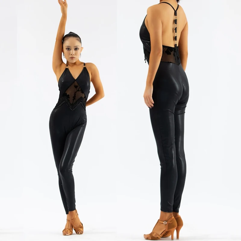 

2025 New Women Sleeveless Latin Dance Costume Black Ballroom Dance Jumpsuit Adults One-piece Suit Performance Clothes SL9741