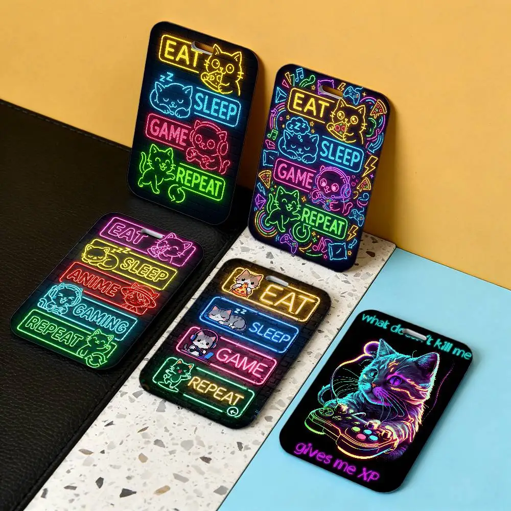 Cute cartoon cat playing games g Transparent Card Holder Employee Plastic Slide Cover Lanyard Work Business ID Bag Bus