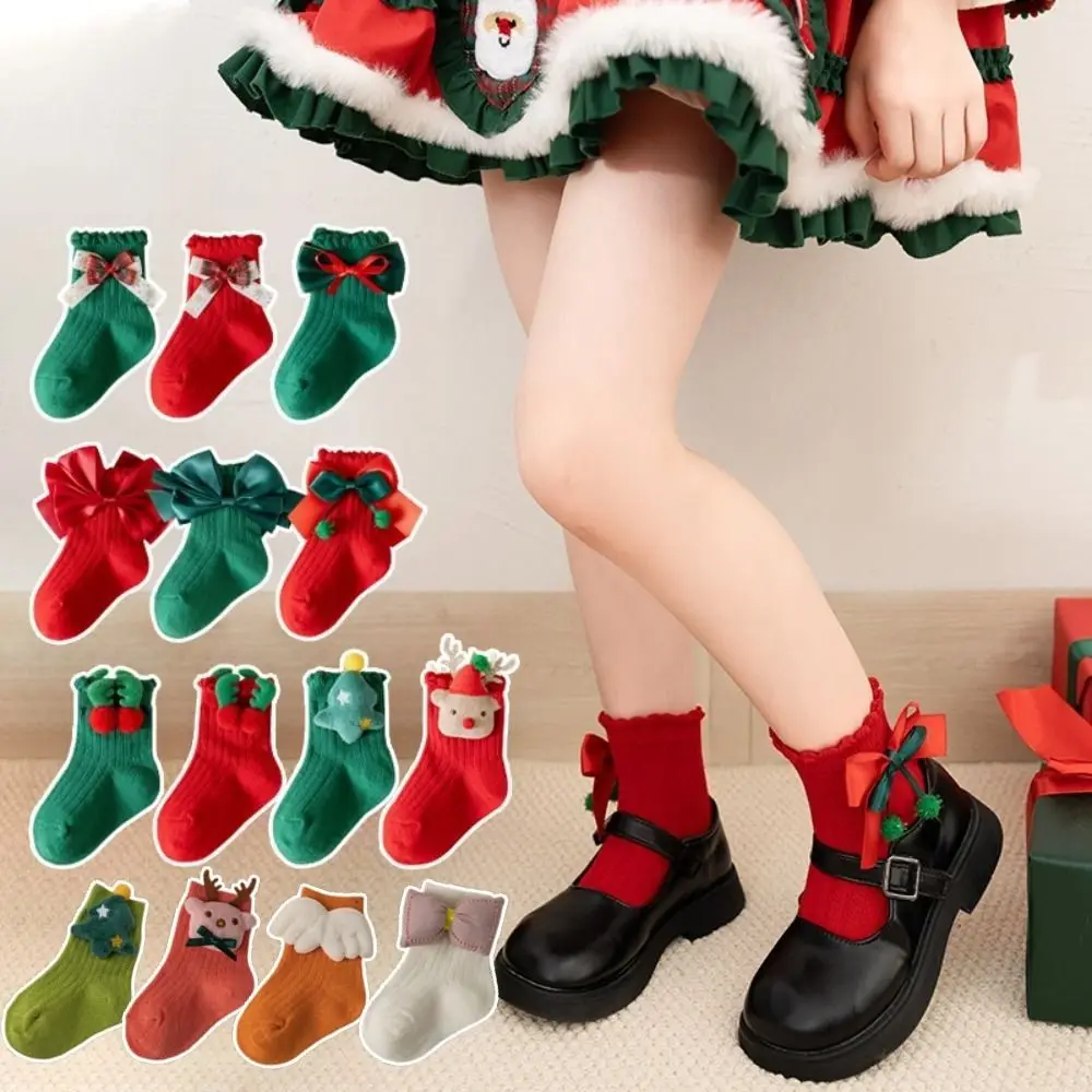 Soft Red Green Children Christmas Socks Bowknot Antlers Mid Tube Socks Christmas Tree Hosiery Kid Cotton Socks Children