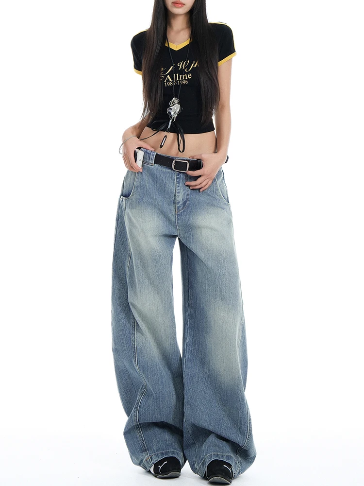 

2025 NEW Women's Splicing Blue Jeans High Street Straight Leg Fashion Y2K Style American Spring Oversized Women's Loose Jeans