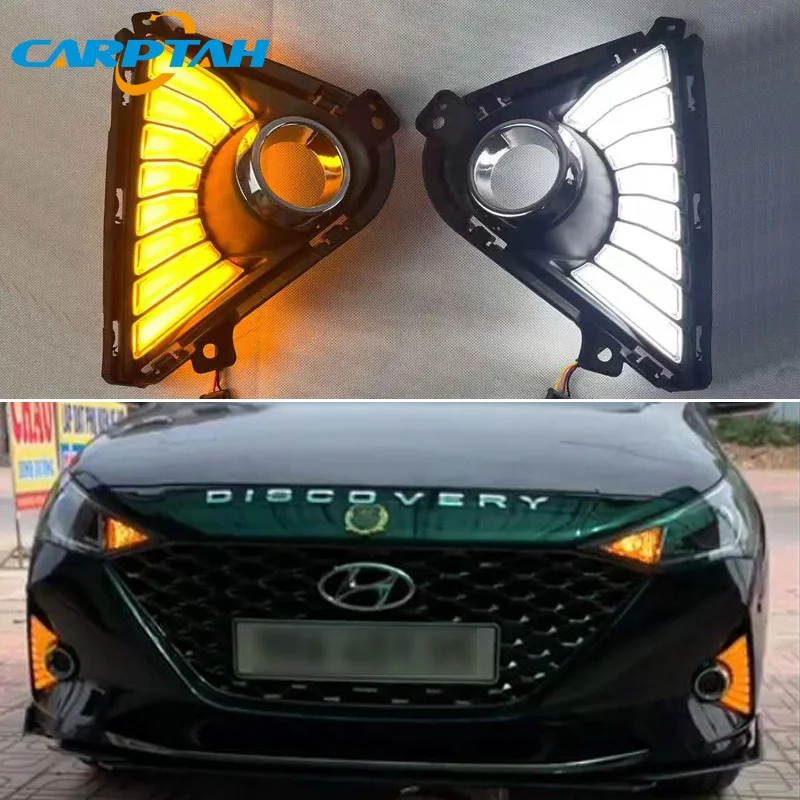 Car LED DRL 12V Daytime Running Lamps For Hyundai Accent Solaris 2021 2022 Auto Daylights Yellow Turn Signal12V Car Foglamp