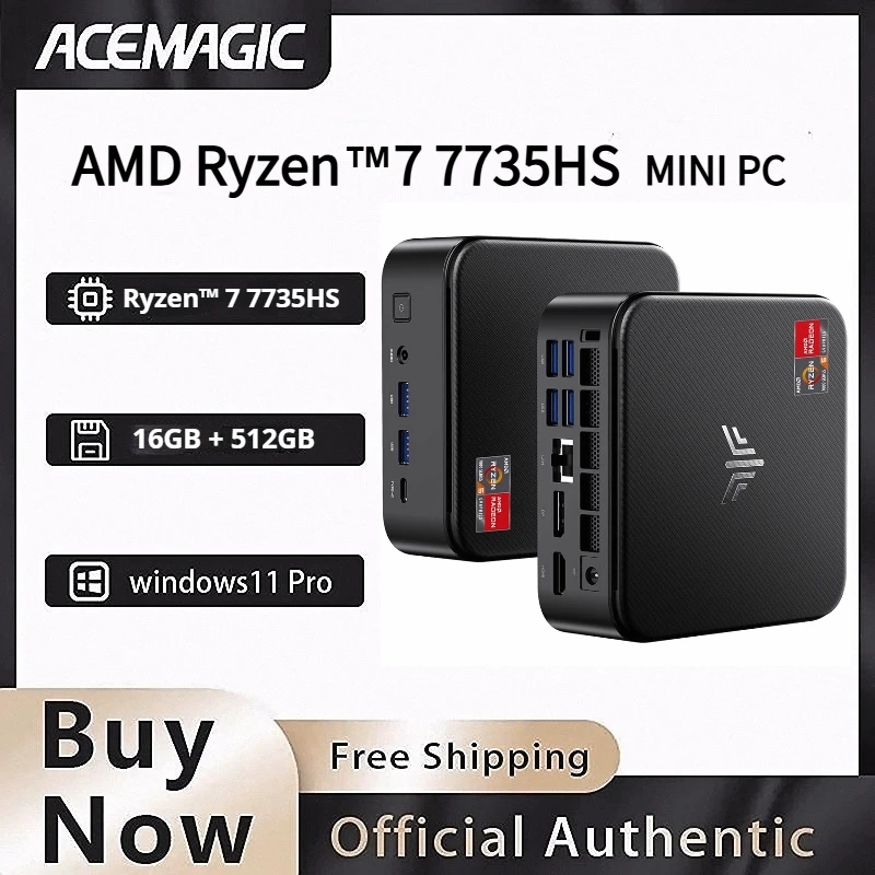 AMD Ryzen 7 7735HS Mini PC, 16GB LPDDR5 512GB NVMe SSD Triple 4K Display Mini Computer WiFi 6 BT 5.2 Preinstalled Windows 11 Pro