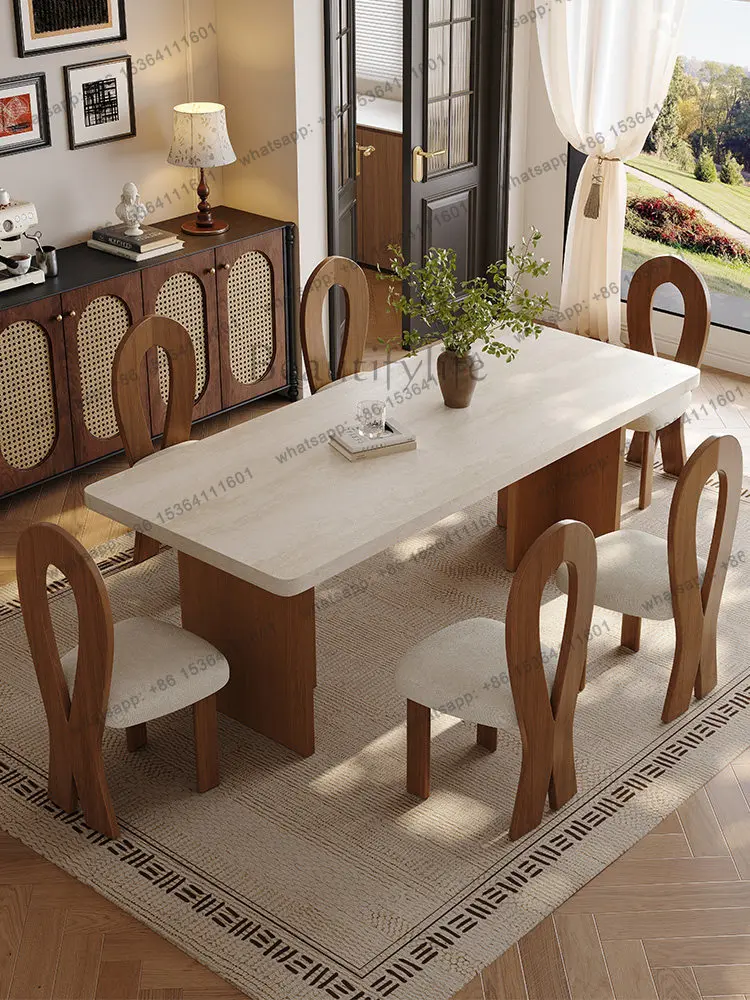 Walnut solid wood rock slab dining table under the travertine rectangular medium and ancient style