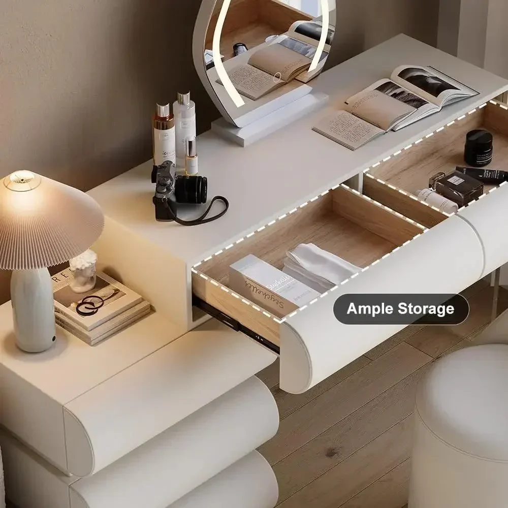 Makeup Vanity Set with LED Mirror & Stool, White PU Leather Dressing Table for Bedroom, Perfect for Women & Girls