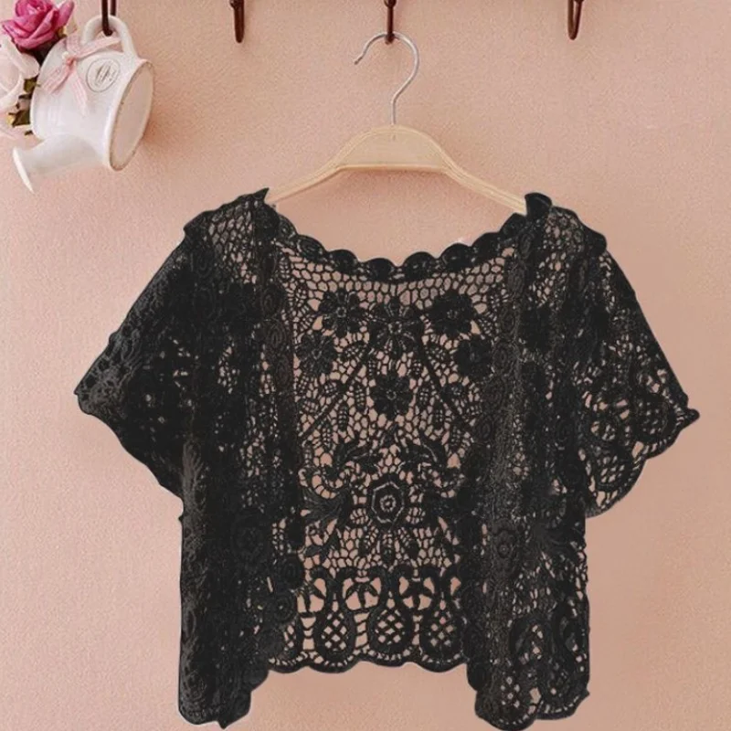 Bolero de ganchillo floral transparente de manga corta para mujer, cárdigan de encaje abierto para la playa, protección solar, para vestido