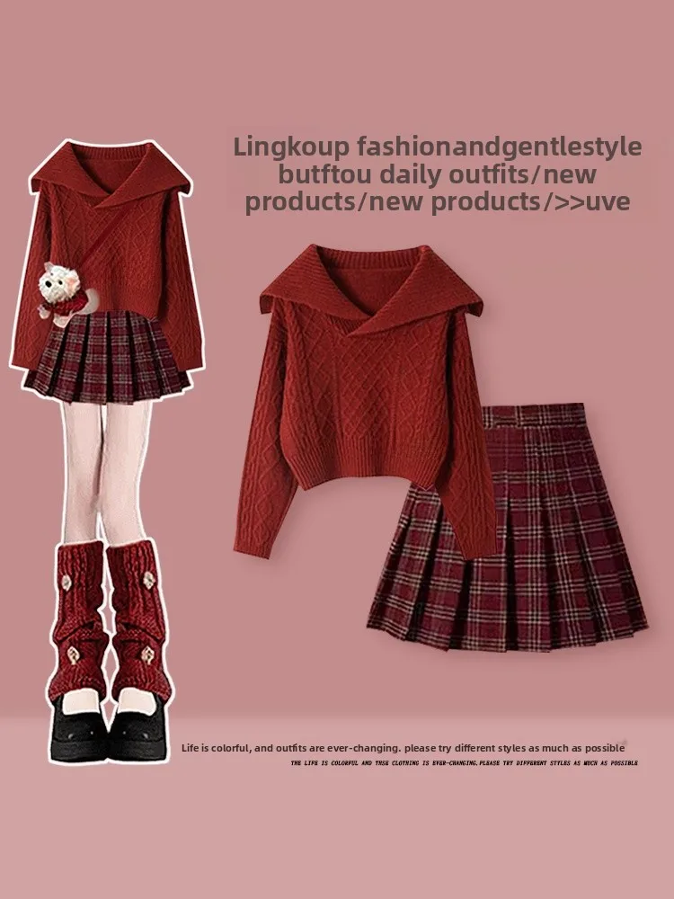 

Large Size Autumn Winter College Style Set Women's Red Christmas Knitted Sweater with Super Beautiful Plaid Skirt Two Piece Set