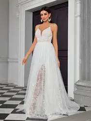 Mgiacy Camisole V-neck embroidered lace mesh swing fork Wedding Dress Full Evening Gown Ball dress Party dress Bridesmaid dress