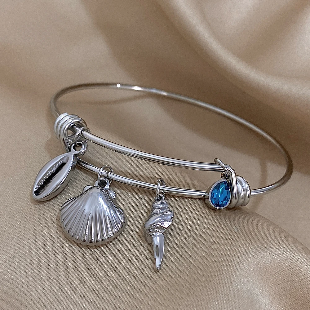 AENSOA Summer Shell Conch Charm Pendant Bangle for Women Stainless Steel Adjustable Bracelet Holiday Beach Jewelry Pulsera Mujer