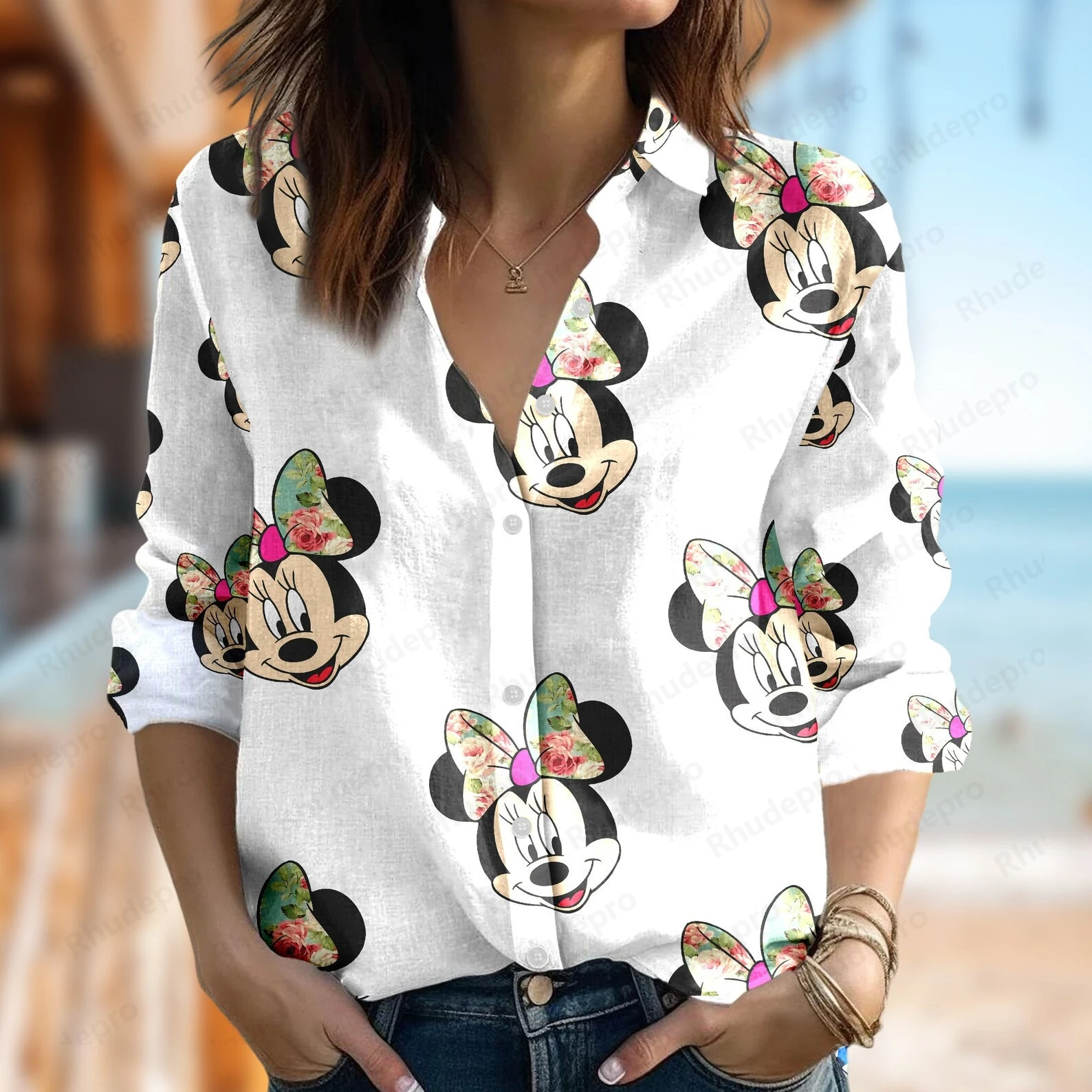 

Disney Mickey and Friends Women's Shirt Casual Button Up Long Sleeve Shirt Stitch Olaf Summer Vacation Women Fashion 3d Shirts