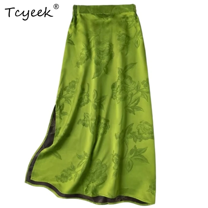 Tcyeek 100% Real Silk Skirts for Women 2026 Spring Elegant Chinese Style Green Straight Skirt Woman Clothing Faldones Para Mujer