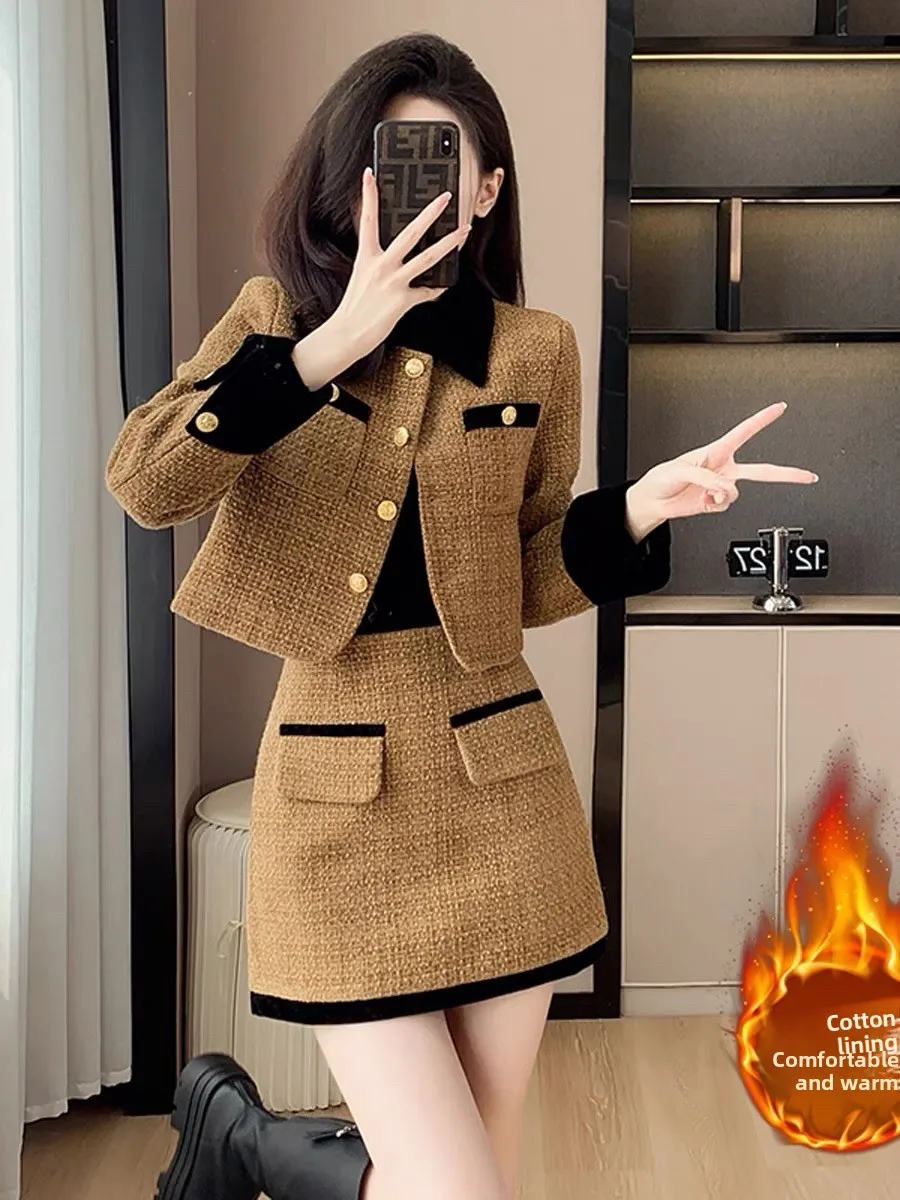 

Высококачественный женский комплект из джинса и юбки с высокой талией, осенне-зимний модный костюм из двух предметов, материал полиэстера