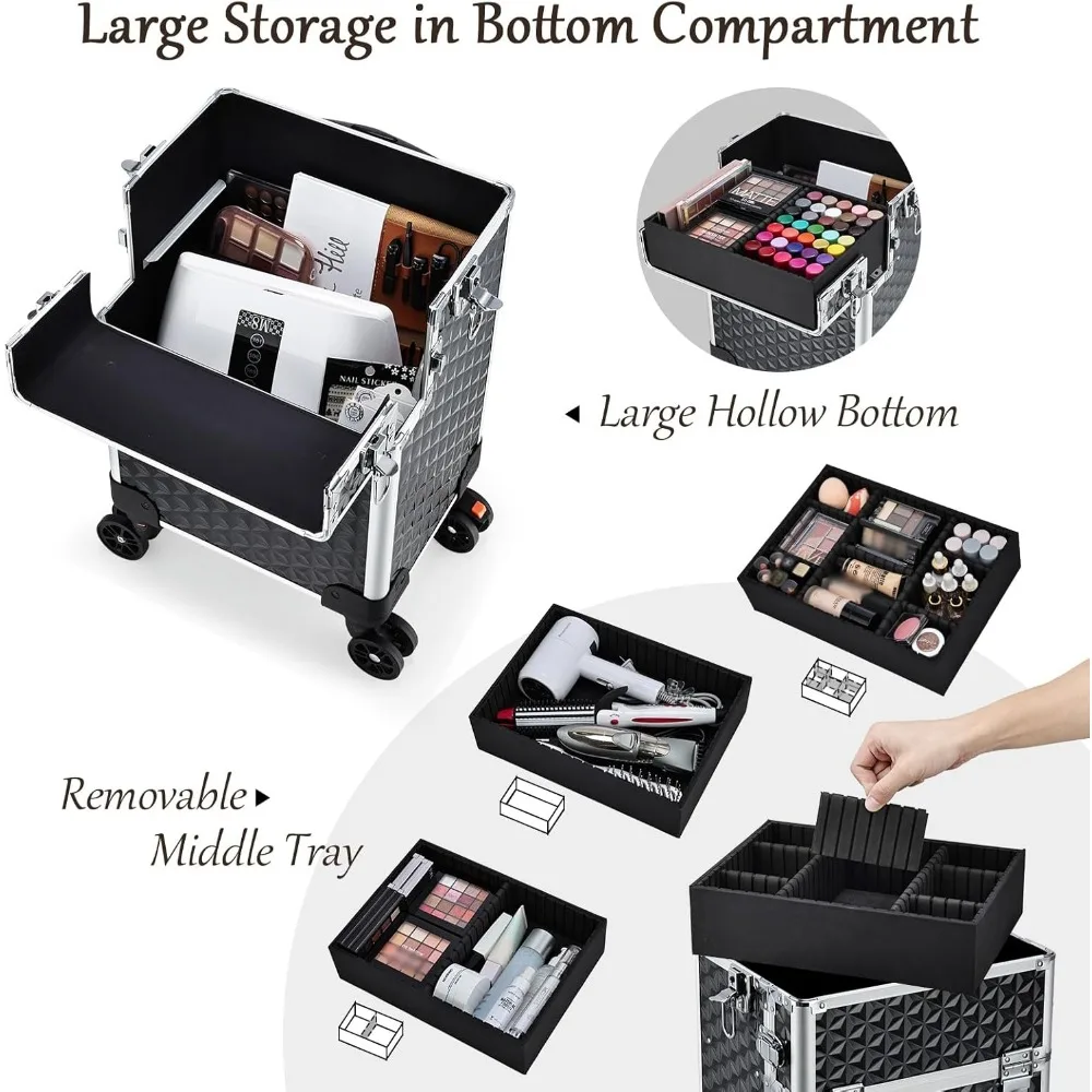 Large Rolling Makeup Case with Wheels, 3-in-1 Transformable Cosmetic Trolley for Salon Professionals and Travel