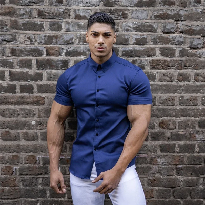 Men\'s Fitness Short-sleeved Lapel Shirts Stretch Thin Solid Color Bodybuilding Tops Casual Cardigan Business Iron-free T-Shirt