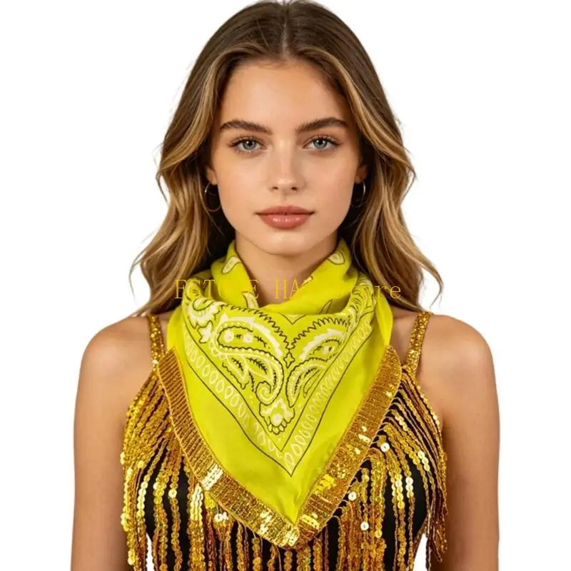49MF Stage Outfit Bandana Scarf Light-Catching Fringe Geometric Neck Scarf Lightweight Polyester Party Styling 54 x 54