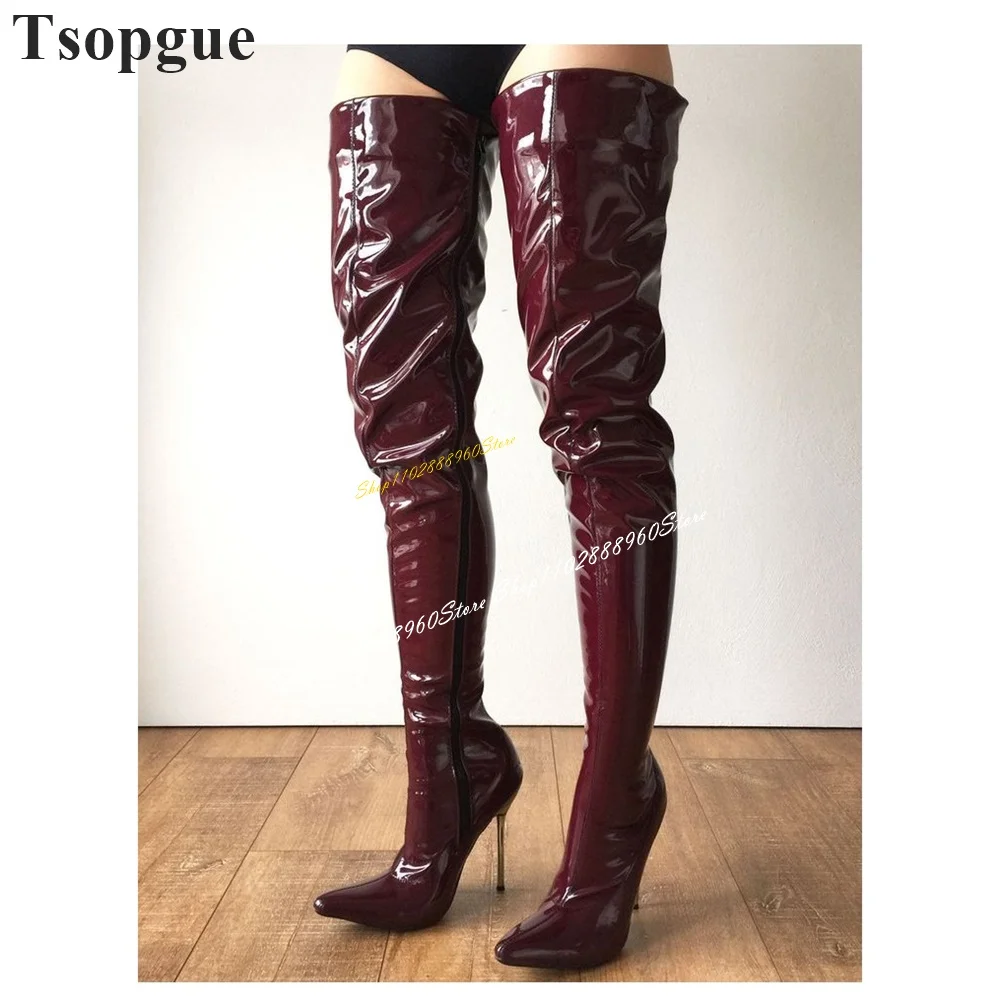 Thigh High Burgundy Metal Heel Sexy Boots Thin High Heel Women Shoes Side Zipper Pointed Toe 2024 Fashion Zapatos Para Mujere