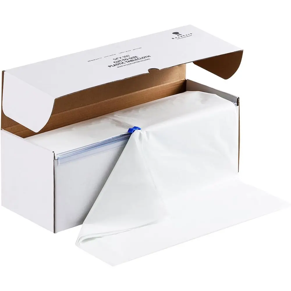 

White 54 x 300' Disposable Plastic Tablecloth Roll for Events - Ideal for Parties, Weddings, Banquets