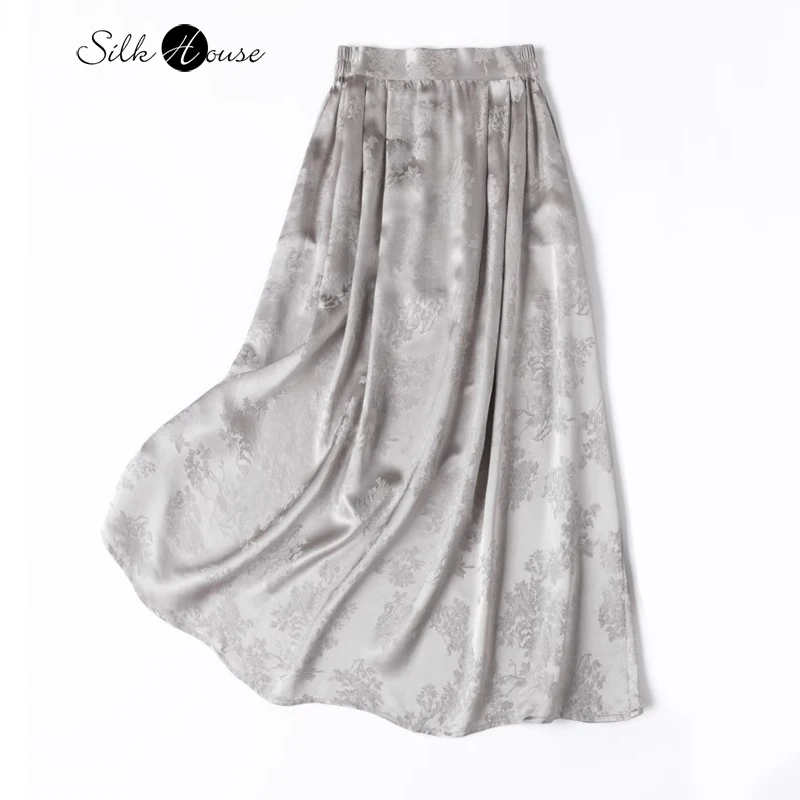 

2024 Women's Summer New 100% Natural Mulberry Silk HuaLuo Jacquard Satin Elastic Waist Smoke Rain Grey Large Swing Skirt