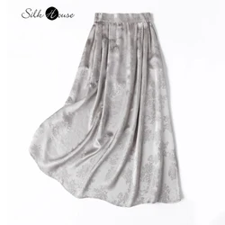 2024 Women's Summer New 100% Natural Mulberry Silk HuaLuo Jacquard Satin Elastic Waist Smoke Rain Grey Large Swing Skirt