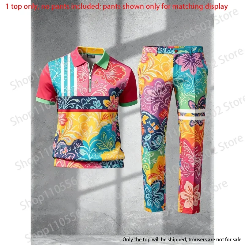 1 top (without pants)-Men's half zip polo shirt,3D colorful floral print,summer trendy casual men short sleeve tops