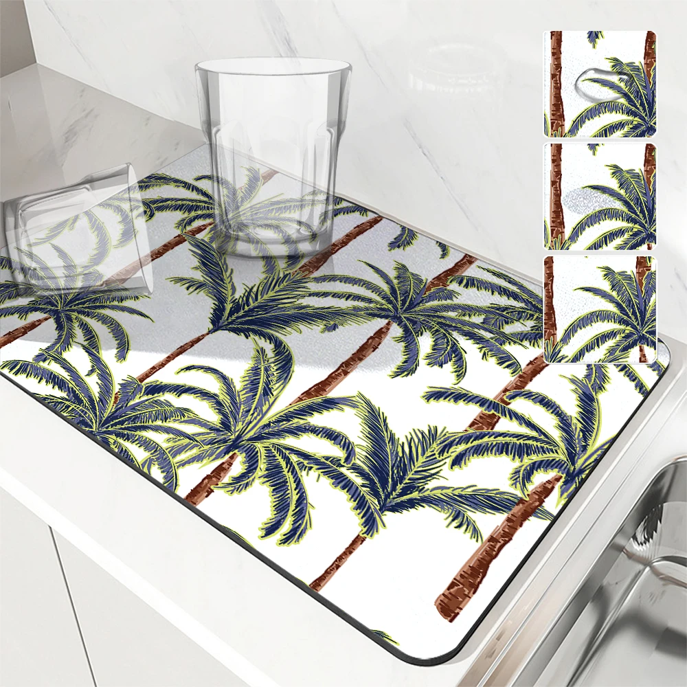 Super Absorbent Antiskid Large Kitchen Absorbent Draining Mat Coconut Tree Printing Drying Mat Quick Dry Bathroom Tableware Mat