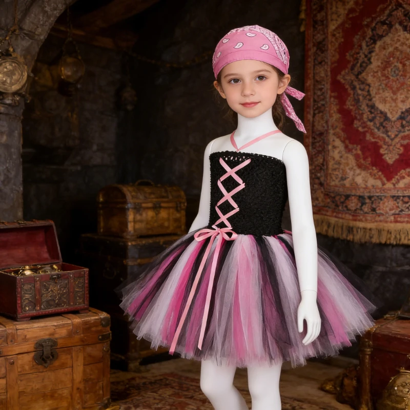 Black Pink Pirate Tutu Dress for Girls Kids Halloween Carnival Party Dress Up Costume Fancy Outfit Clothes for Toddler Girls