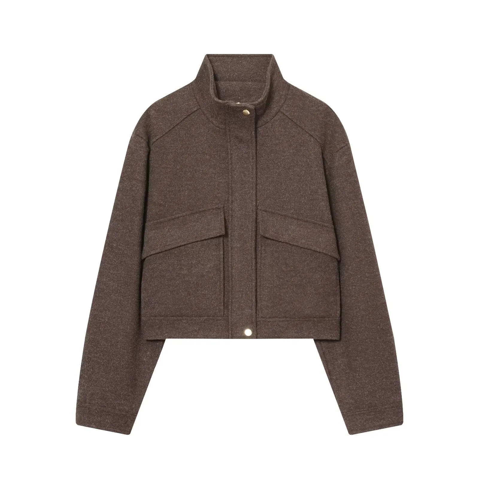 

Women's Retro Cropped Jacket Slim Fit, Stand Collar Long Sleeves Zip Pockets Solid Color Overcoat Commuting Autumn New Chic Top