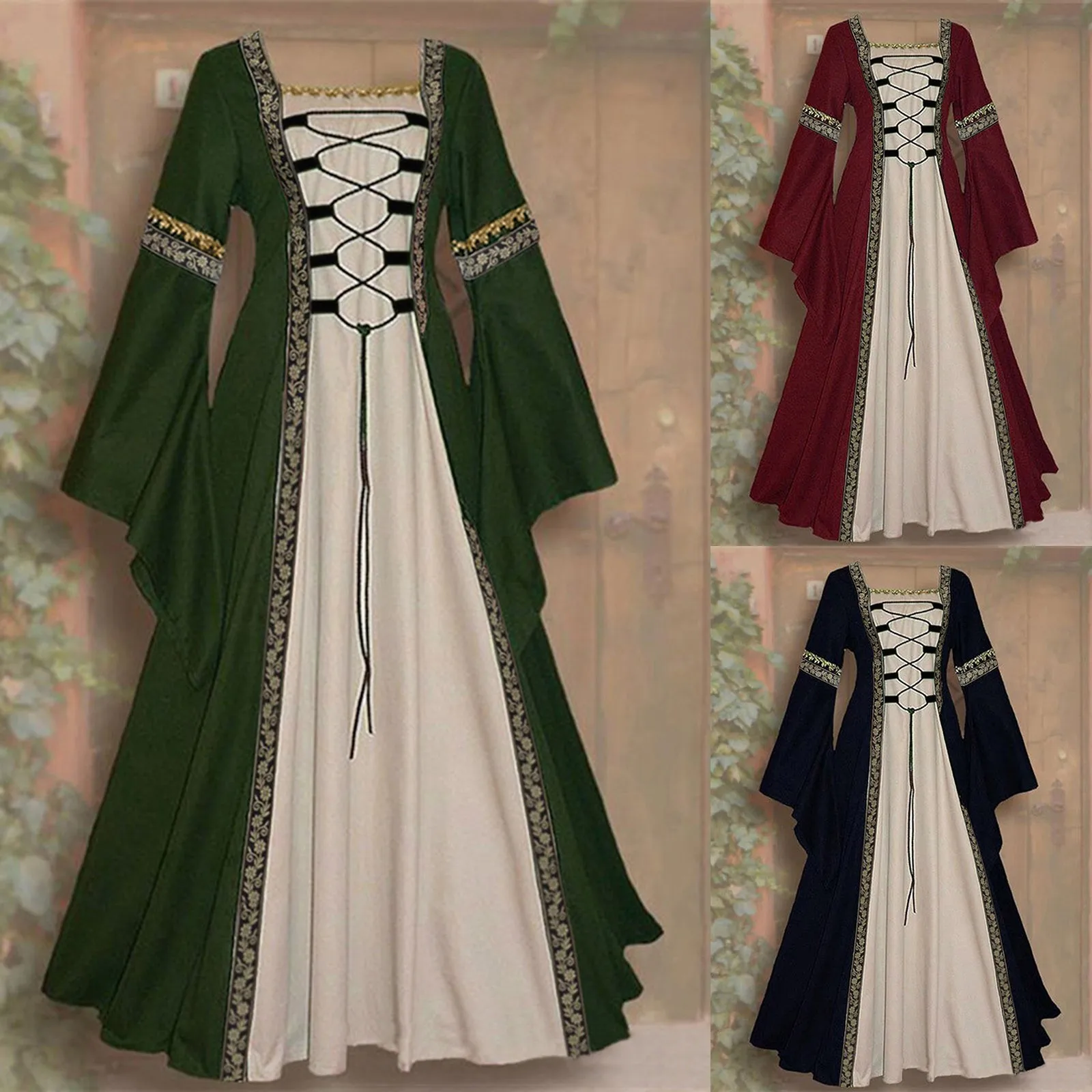 

Women European Medieval Court Fancy Vampire Cosplay Costume Carnival Vintage Strapless Long Sleeve Queen Elegant Dress