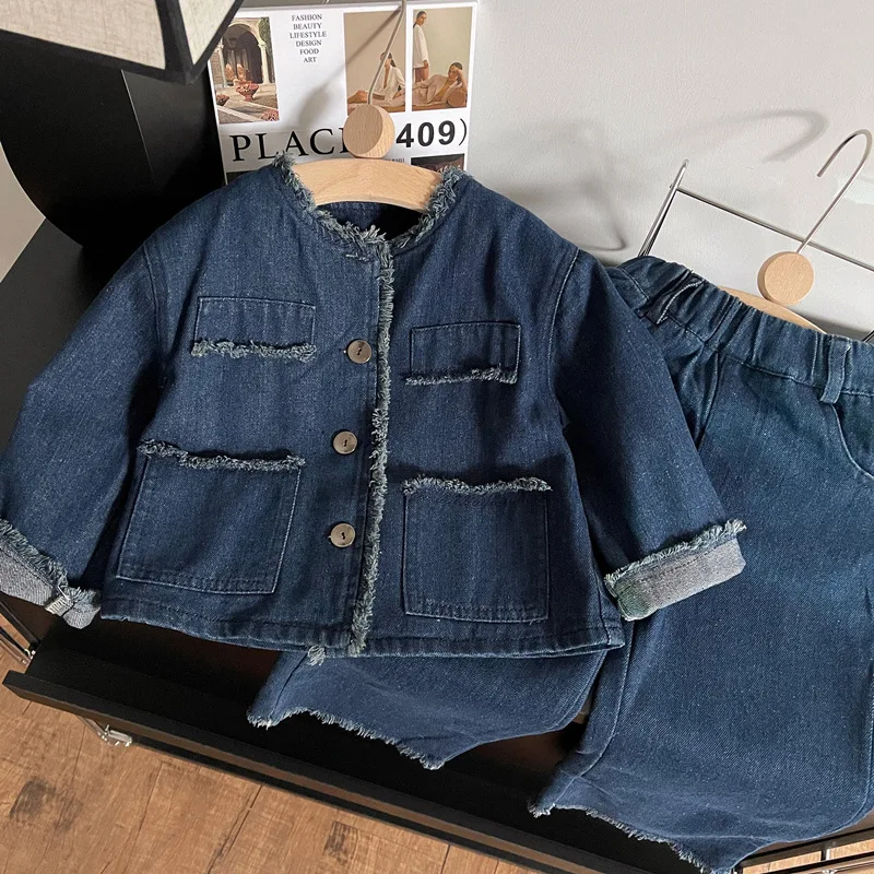 Girl Suit 2023 New Spring Autumn Korean Fashion Style Denim Suit Baby Girl Jean Jacket Hairy Wide Leg Jeans Two Piece Suit