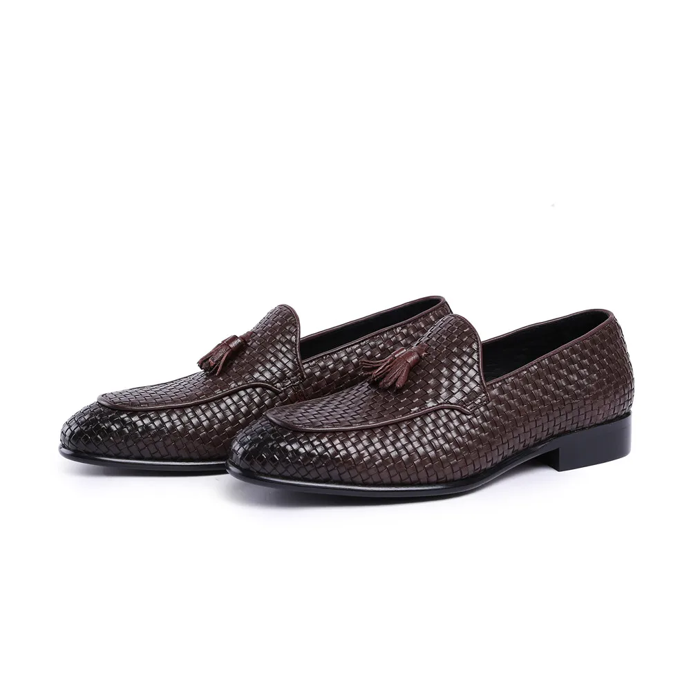 Fashion Brown Tan / Black Woven Design Summer Loafers Mens Wedding Groom Shoes Genuine Leather Prom Shoes Boys Dress Shoes