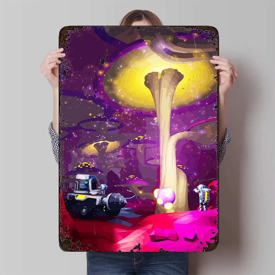 Cosmic Explorer Metal Wall Art Sci Fi Astronaut Mushroom Planet Decorative Painting for Living Room Study Bar