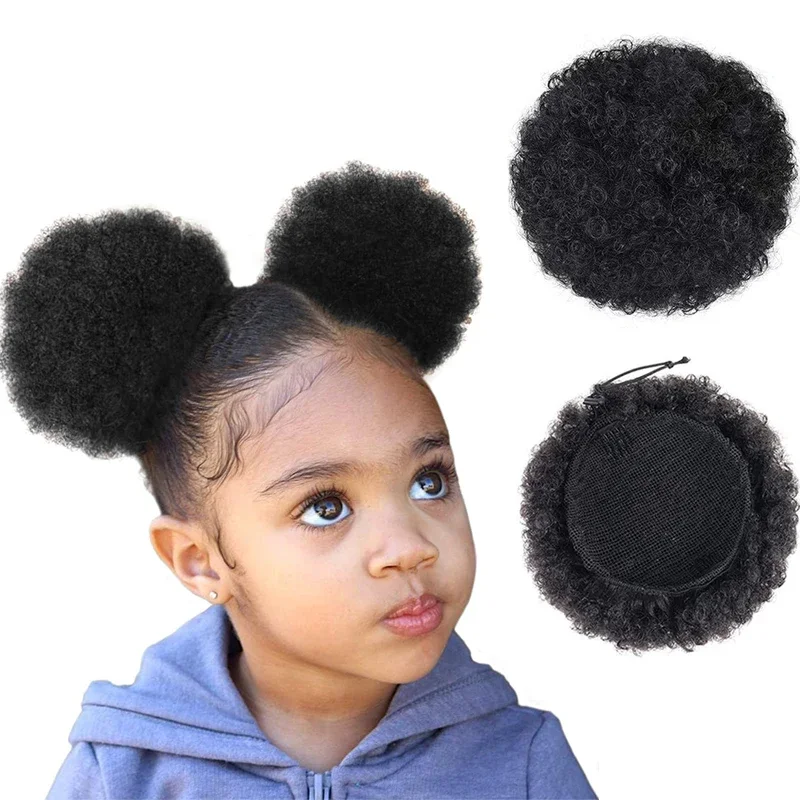 Kids Hair Puff Natural Black Human Hair Afro Puff Drawstring Ponytail for Girls Black Women 4-calowe perwersyjne kręcone włosy Updo Chigno